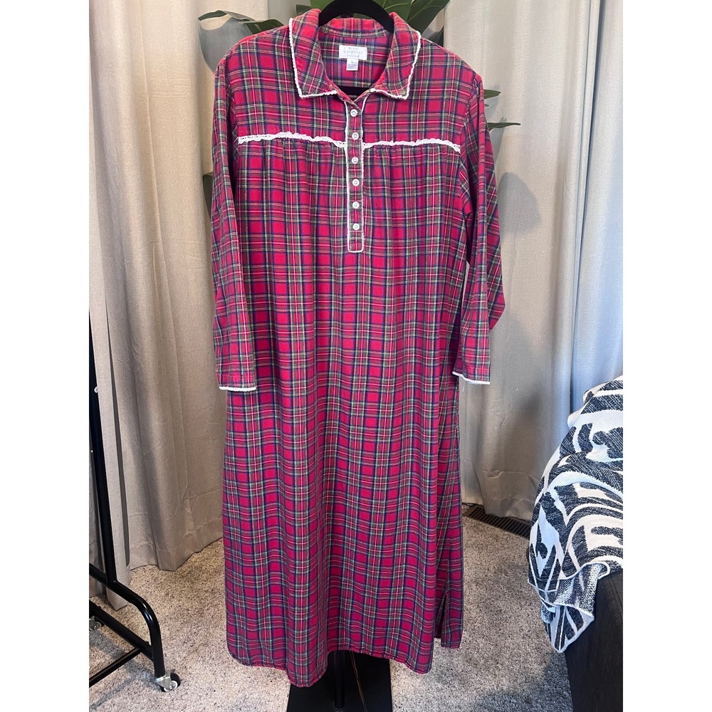 Vintage Lanz of Salzburg Red Tartan Plaid Flannel Nightgown Lace Trim Womens L